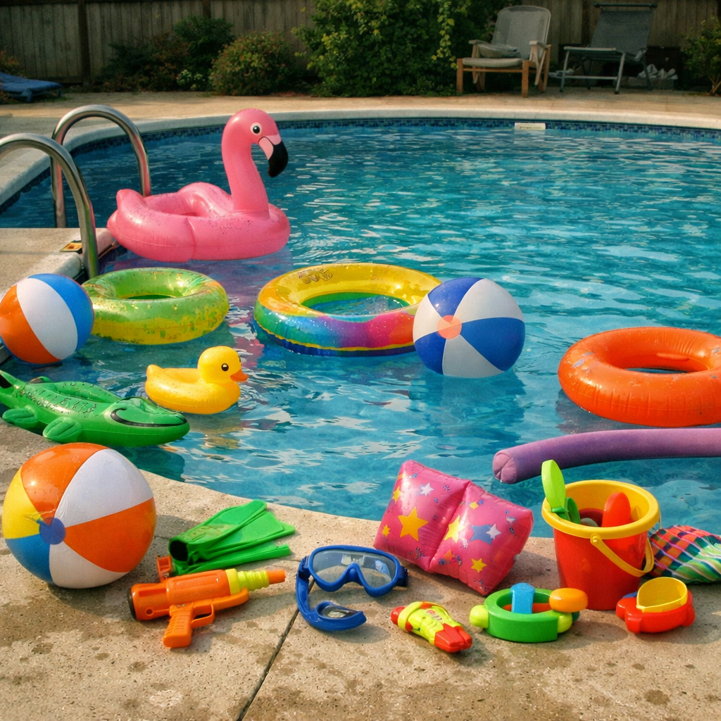 Vibrant kids' pool toys by a blue swimming pool in a sunny backyard, showcasing fun swim lessons for children. Learn more at WD Swim Richmond Hill